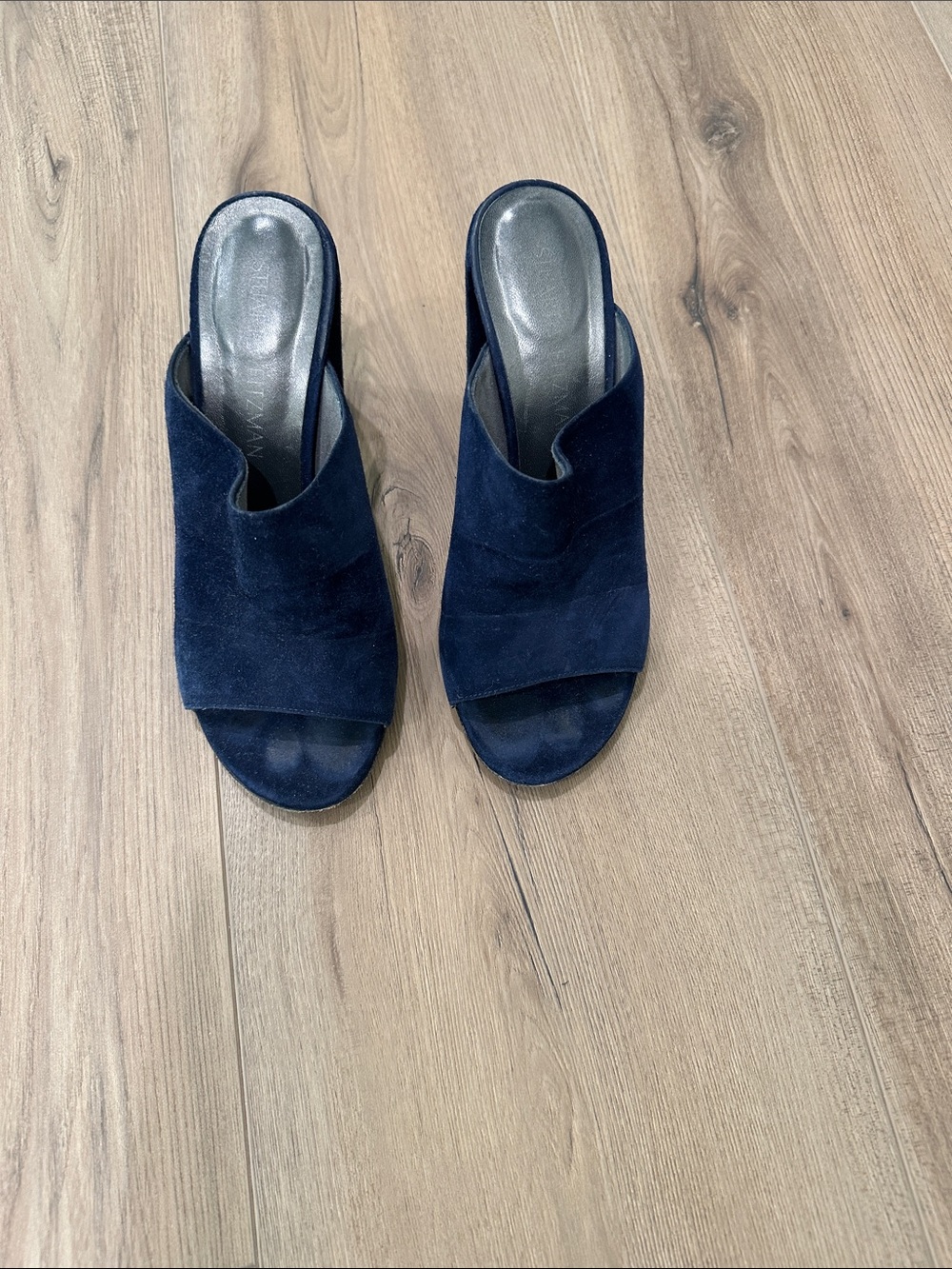 Stuart Weitzman Navy Suede Open-Toe Mule